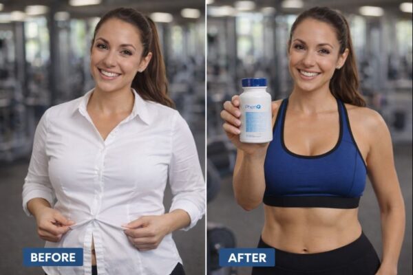 Woman weight loss transformation before and after holding PhenQ supplement in gym