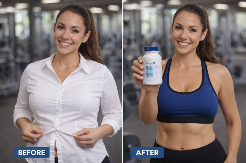 Woman weight loss transformation before and after holding PhenQ supplement in gym