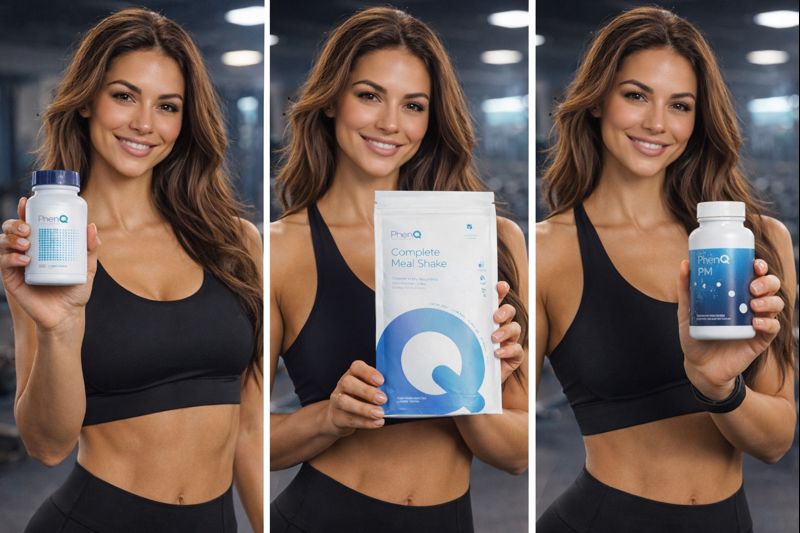 Woman in gym holding PhenQ fat burner, PhenQ complete meal shake, and PhenQ PM for 24 hour weight loss support